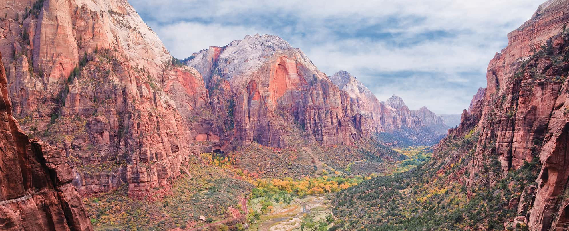 Bird's-eye-view of the red rock mountains and canyons in Zion National Park near Las Vegas, Nevada.