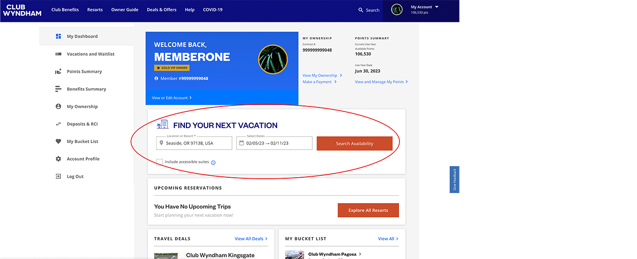 Dashboard screenshot with Find Your Next Vacation circled.