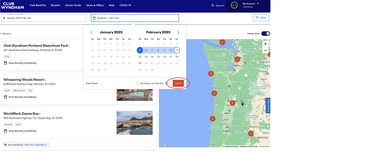 Explore Resorts screenshot with date selection and Done circled.