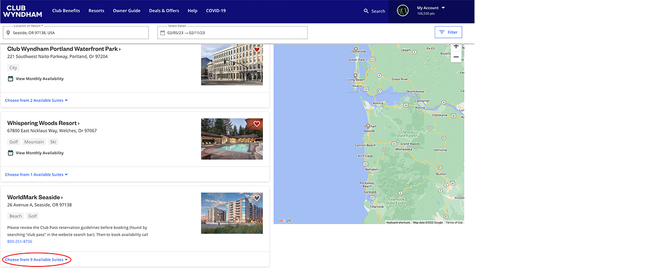 Resort results screenshot with Choose from 9 Available Suites circled.