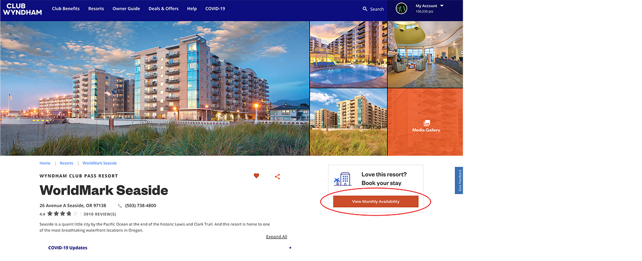 Resort page screenshot with View Monthly Availability button circled.